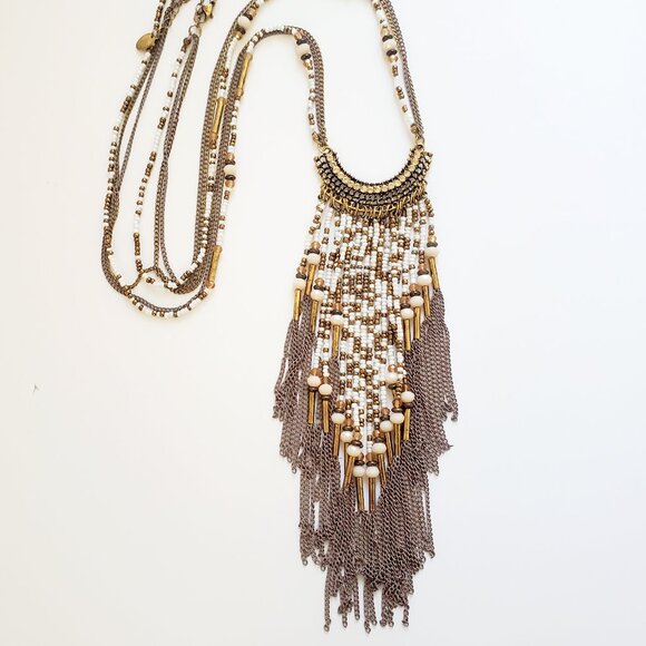 ICING Long Beaded Chain Fringe Bib Boho Necklace Bronze & White Gold Tone - Picture 1 of 7